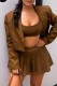 Coffee Casual Solid Basic Turn-back Collar Long Sleeve Three-piece Set