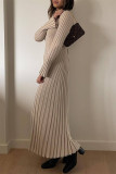 Apricot Casual Solid Patchwork V Neck Long Sleeve Dresses