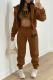 Dark Brown Casual Print Patchwork Hooded Collar Long Sleeve Three Pieces