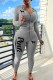 Grey Casual Print Letter Hooded Collar Long Sleeve Two Pieces