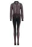 Black Sexy Solid Patchwork Buckle See-through Turndown Collar Long Sleeve Two Pieces
