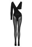 Black Sexy Solid Hollowed Out Patchwork Asymmetrical V Neck Skinny Jumpsuits