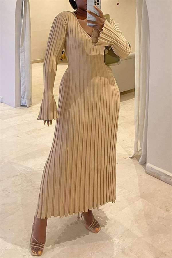 Apricot Casual Solid Patchwork V Neck Long Sleeve Dresses