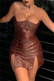 Brown Sexy Solid Patchwork Backless Slit Strapless Sleeveless Dress Dresses