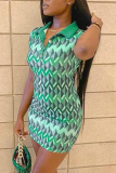 Green Sexy Print Draw String Turndown Collar Pencil Skirt Dresses