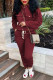 Burgundy Casual Solid Patchwork Buckle Turndown Collar Long Sleeve Two Pieces