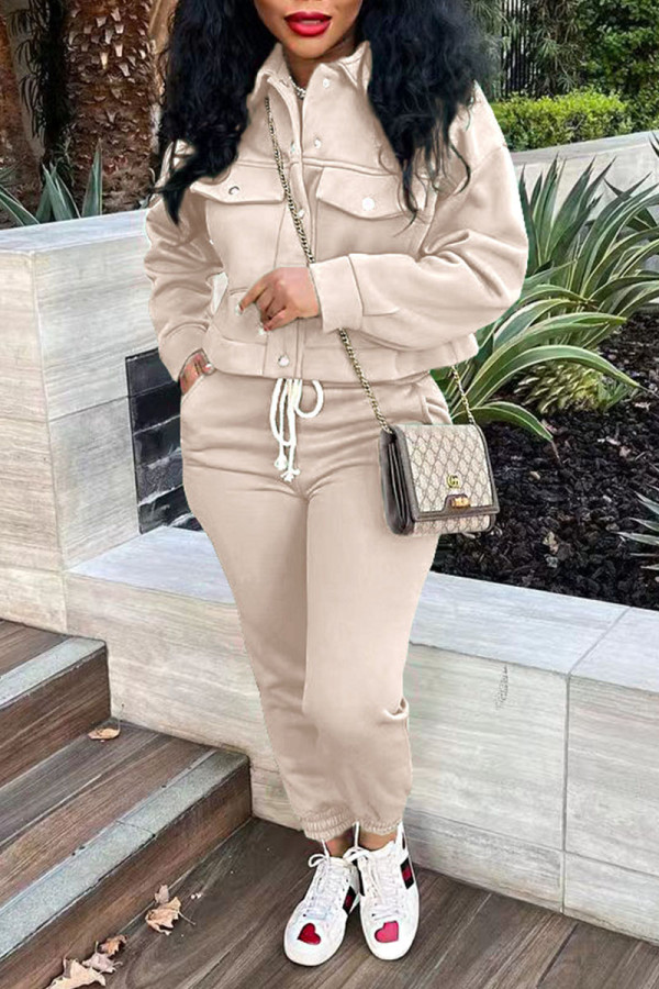Apricot Casual Solid Patchwork Buckle Turndown Collar Long Sleeve Two Pieces