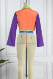 Red Casual Patchwork Cardigan Contrast Turn-back Collar Outerwear