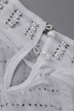Pink Sexy Patchwork Hot Drilling See-through Feathers Beading Asymmetrical Half A Turtleneck Long Sleeve Dresses