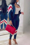 Blue Casual Patchwork Contrast Zipper Collar Long Sleeve Two Pieces