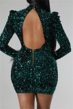 Green Sexy Patchwork Hollowed Out Sequins O Neck Long Sleeve Dresses