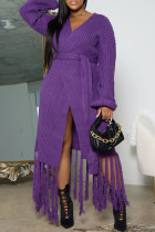 Purple Casual Solid Tassel Patchwork Cardigan Collar Outerwear