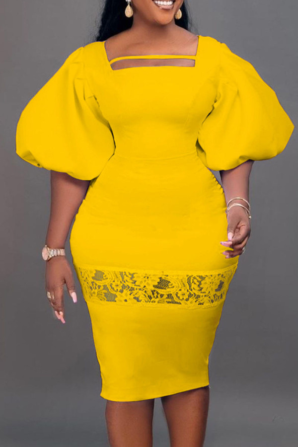 Yellow Elegant Solid Patchwork Square Collar One Step Skirt Dresses