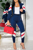 Blue Casual Patchwork Contrast Zipper Collar Long Sleeve Two Pieces