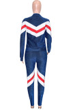 Blue Casual Patchwork Contrast Zipper Collar Long Sleeve Two Pieces