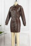 Dark Brown Casual Solid Patchwork Turndown Collar Long Sleeve Dresses