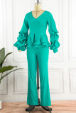 Ink Green Casual Solid Patchwork V Neck Regular Jumpsuits