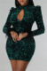 Green Sexy Patchwork Hollowed Out Sequins O Neck Long Sleeve Dresses