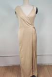 Pink Casual Solid Patchwork V Neck Straight Jumpsuits