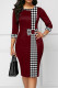 Burgundy Casual Print Patchwork O Neck One Step Skirt Dresses