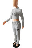 Grey Casual Print Patchwork Half A Turtleneck Long Sleeve Two Pieces