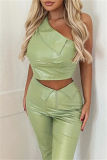 Green Sexy Casual Solid Backless Oblique Collar Sleeveless Two Pieces