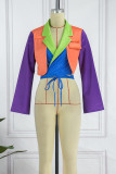Red Casual Patchwork Cardigan Contrast Turn-back Collar Outerwear