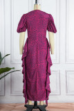 Rose Red Casual Solid Patchwork V Neck Short Sleeve Dress Dresses