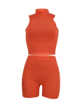 Watermelon Red Casual Solid Patchwork Half A Turtleneck Sleeveless Two Pieces