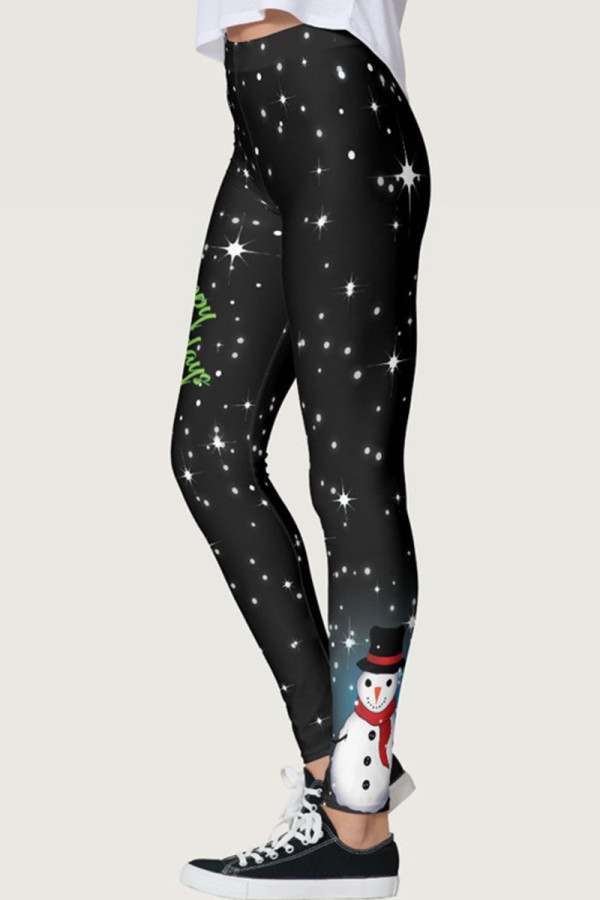 Black Casual Sportswear Snowman Printed Basic Skinny High Waist Pencil Trousers