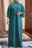 Green Fashion Casual Solid Embroidered Mandarin Collar Plus Size Dress