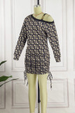 Multicolor Casual Print Patchwork Oblique Collar Long Sleeve Dresses