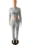 Grey Casual Print Patchwork Half A Turtleneck Long Sleeve Two Pieces