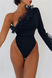 Black Sexy Casual Solid Patchwork Backless Oblique Collar Skinny Romper