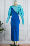 Blue Casual Daily Patchwork Contrast O Neck Long Sleeve Dresses
