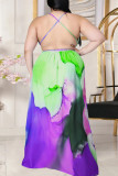 Purple Green Casual Tie Dye Patchwork Frenulum V Neck Sling Dress Plus Size Dresses