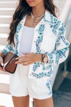 Blue Casual Print Patchwork Turndown Collar Long Sleeve Two Pieces
