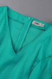Ink Green Casual Solid Patchwork V Neck Regular Jumpsuits