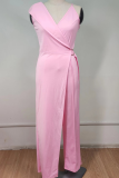 Pink Casual Solid Patchwork V Neck Straight Jumpsuits