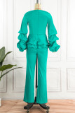 Ink Green Casual Solid Patchwork V Neck Regular Jumpsuits