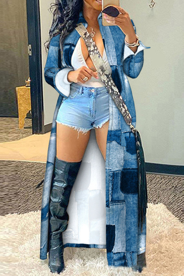 Blue Casual Street Print Patchwork Turndown Collar Outerwear