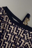 Multicolor Casual Print Patchwork Oblique Collar Long Sleeve Dresses