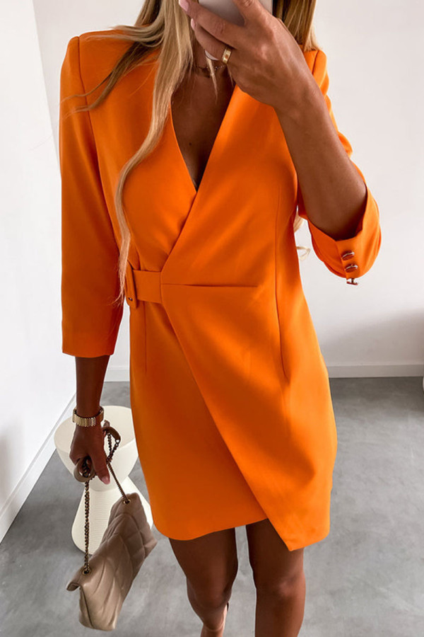 Tangerine Red Casual Solid Patchwork V Neck Long Sleeve Dresses
