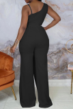 Pink Casual Solid Patchwork V Neck Straight Jumpsuits