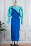 Blue Casual Daily Patchwork Contrast O Neck Long Sleeve Dresses