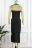 Gold Sexy Solid Sequins Patchwork Backless Halter Pencil Skirt Dresses