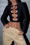 Black Sexy Casual Solid Hollowed Out O Neck Tops