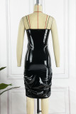 Rose Red Sexy Solid Backless Fold Spaghetti Strap Sleeveless Dress Dresses
