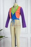 Red Casual Patchwork Cardigan Contrast Turn-back Collar Outerwear