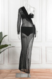 Black Sexy Patchwork Frenulum See-through Backless Slit Oblique Collar Long Sleeve Three-piece Set